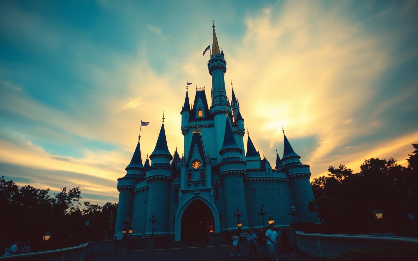 Theme park castle at sunset
